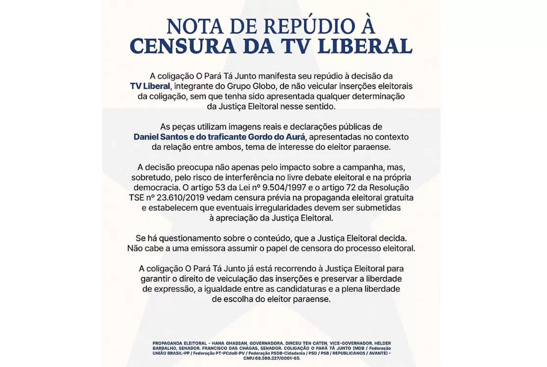 Coligação de Hana critica TV Liberal, mas TRE aponta tentativa de driblar legislação
